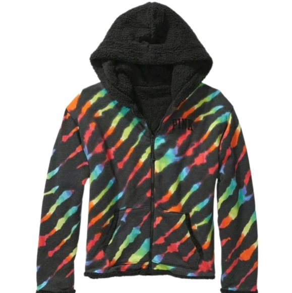 Victoria's Secret PINK Zebra Black Ombre Rainbow Tie Dye Sherpa Set - Picture 3 of 15